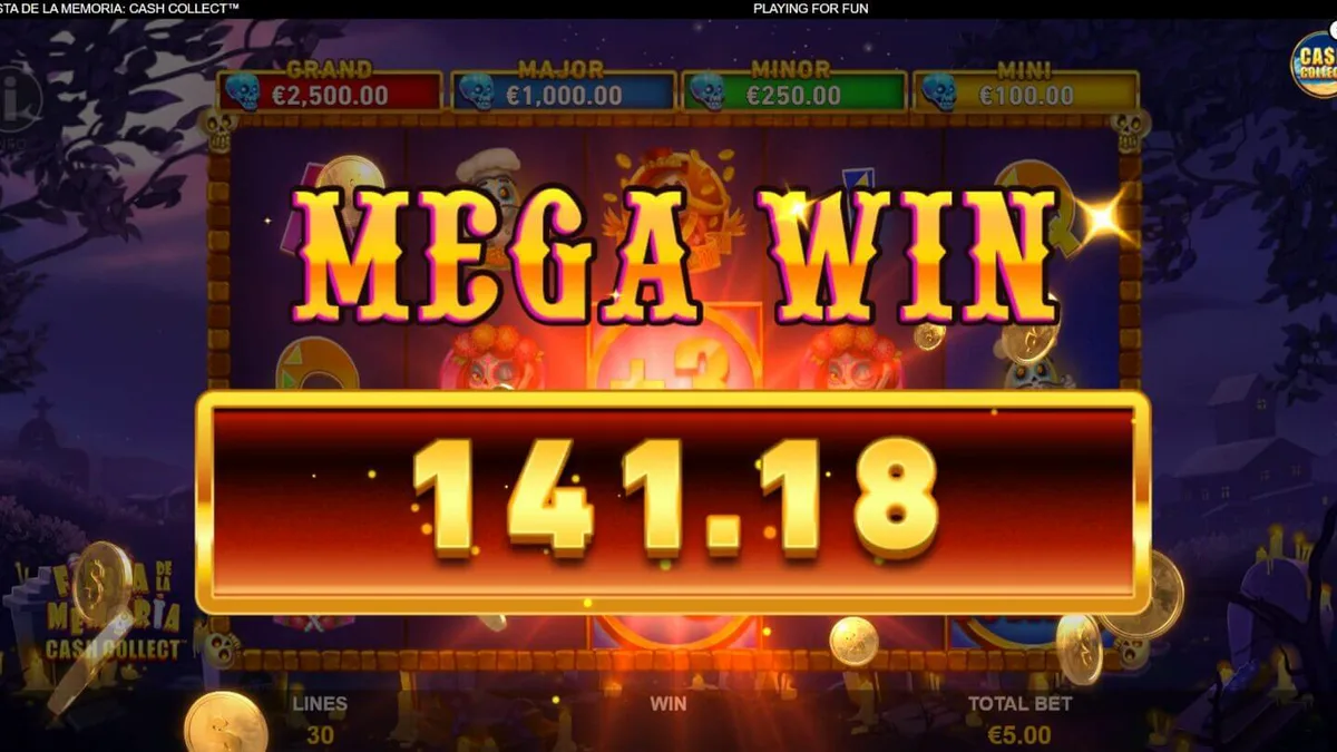 Tampilan visual neon Fiesta de la Memoria Cash Collect dengan simbol tengkorak yang meriah.