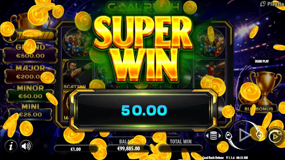 Tampilan visual slot Goal Rush Deluxe Hold and Win dengan tema stadion sepak bola yang megah